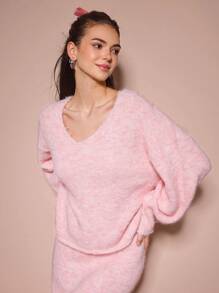 Enchnt Suéter casual de mujer con cuello en V de manga larga, color rosa