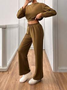 SHEIN Women Solid Color Crew Neck Long Sleeve Cropped Sweatshirt And Pocket Pants Casual Suit For Autumn/Winter