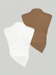 Sweetra Camiseta de tirantes asimétrica de unicolor simple, adecuada para el verano - Multicolor - Ver 2