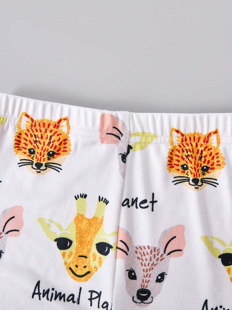Animal Planet X SHEIN 2 件套年轻女孩白色 T 恤，带有卡通长颈鹿、鹿和狐狸动物图案和裤子家居服睡衣套装，适合秋冬季 - 白色 - 查看 5