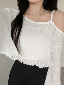 DAZY 女士休闲斜肩不对称下摆短款T恤，秋季长袖女上衣，秋季女装短款女上衣 - 白色 - 查看 3