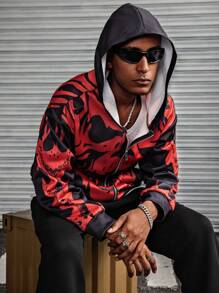 Manfinity Dauomo Men's Allover Print Hooded Zip-Up Long Sleeve Sweatshirt
