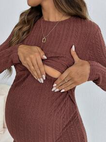 SHEIN 孕妇日常休闲哺乳连衣裙圆领长袖腰部扭结 - 棕色 - 查看 6