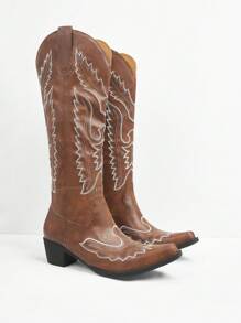Styleloop Women's Embroidered Pointed Toe Chunky Heel Western Boots, BOHO Style, Retro American Western, Bohemian, Music Festival, Party, Christmas, Halloween Outfit - Coffee Brown - View 4