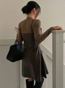 DAZY Women Stand Collar Patchwork Long Sleeve Tie Waist Mid-Length Dress,Fall Dress