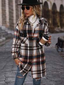 SHEIN LUNE Women's Front Button Long Sleeve Pocket Plaid Casual Jacket, Simple Design