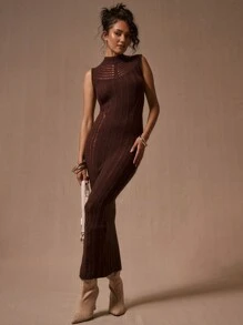 MUSERA Mock Neck Distressed Maxi Sweater Dress Thanksgiving  New Year  Party - Brown - View 1