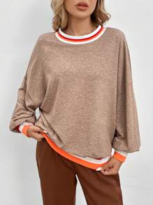 SHEIN LUNE 1 Áo nỉ dài tay hở vai phối gân tương phản dành cho nữ, phong cách thường ngày cho mùa thu - Màu Khaki - Xem 3