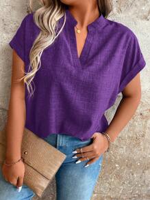 EMERY ROSE Blusa de manga corta murciélago de cuello en V de unicolor para mujer talla grande