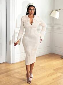 Zolique Đầm len dài tay cổ polo màu trơn thanh lịch cho nữ, mùa thu/đông - Màu be - Xem 5