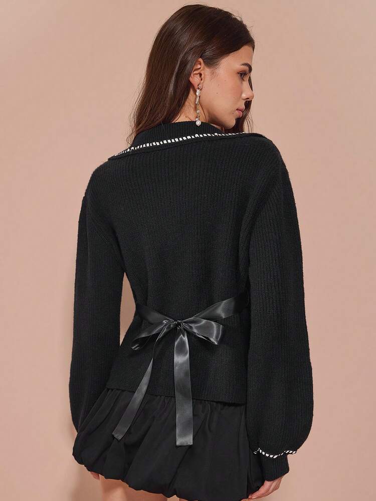 Women's Elegant Contrast Color Trim Long-Sleeved Cardigan Sweater, Lace-Up Sweater, Lace Bow Sweater,,Christmas Sweaters, Women's Sweaters, Women's Cardigans