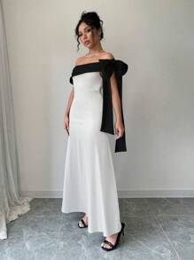 Elenzga Elegant Contrast Color Long Dress, Suitable For Party - White - View 4
