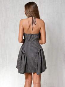 Glamine 女士简约条纹细肩带迷你连衣裙，休闲日常穿着 - 灰色 - 查看 2