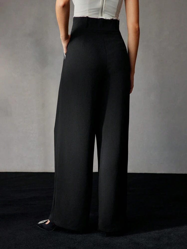 CONTRAST PIPING HIGH WAIST FOLD PLEATED WIDE LEG SUIT PANTS