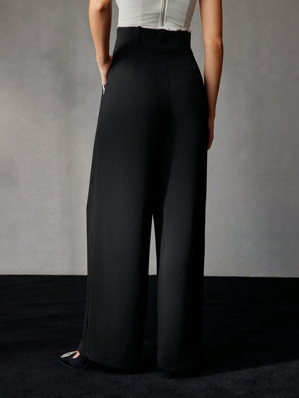 CONTRAST PIPING HIGH WAIST FOLD PLEATED WIDE LEG SUIT PANTS
