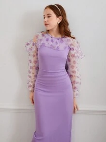 Đầm midi xẻ tà hở lưng xếp ly họa tiết hoa hồng giả ngọc trai thanh lịch cho bé gái tuổi teen - Màu tím hoa cà - Xem 5