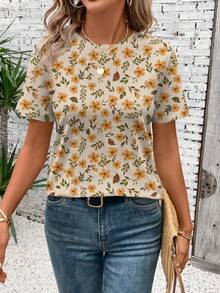 SHEIN LUNE Casual Floral Print Crew Neck Short Sleeve Loose Women T-Shirt, Suitable For Autumn - White - View 4