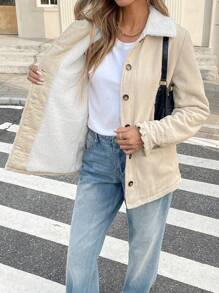 SHEIN Frenchy Damen Jacke mit flauschigem Kragen, zweifarbig, aus Cord mit gerüschtem Saum, beheizt, thermisch, flauschig, pelzig, Damenkostüme, Herbst, Pendeln, minimalistisch, Büro, Old Money, Thanksgiving, Knopf, Retro, elegante Damen, Festivalkleidung, Business Lässig Damen