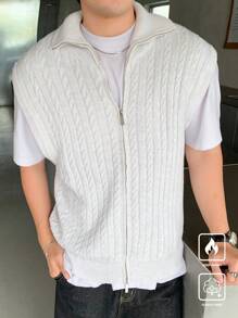 Manfinity CasualKnits Men's Solid Color Zipper Front Cardigan Vest, Casual Knitted Sweater, Autumn/Winter - Beige - View 3