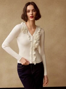 MOTF PREMIUM 纯色 V 领立体花朵荷叶边开衫 - 白色 - 查看 7