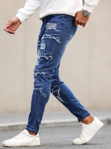 Manfinity LEGND Jeans ajustados de mezclilla para hombre con bolsillo y rotos, vaqueros largos ajustados de color azul oscuro liso deshilachado, regalo para esposo o novio