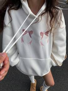 DAZY 女士宽松休闲刺绣蝴蝶结连帽抓绒卫衣，长袖上衣，秋季服装，冬季连帽衫 - 白色 - 查看 8