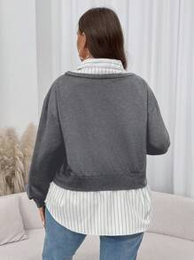 SHEIN Essnce 大码女式休闲宽松二合一黑色连帽运动衫 - 灰色 - 查看 2