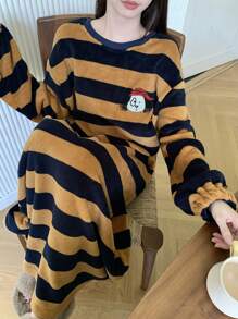 DAZY Thick Striped Flannel Nightgown With Cute Cartoon Pattern, Loose Fit For Winter Pajama,Thermal Lined - Coffee Brown - View 10