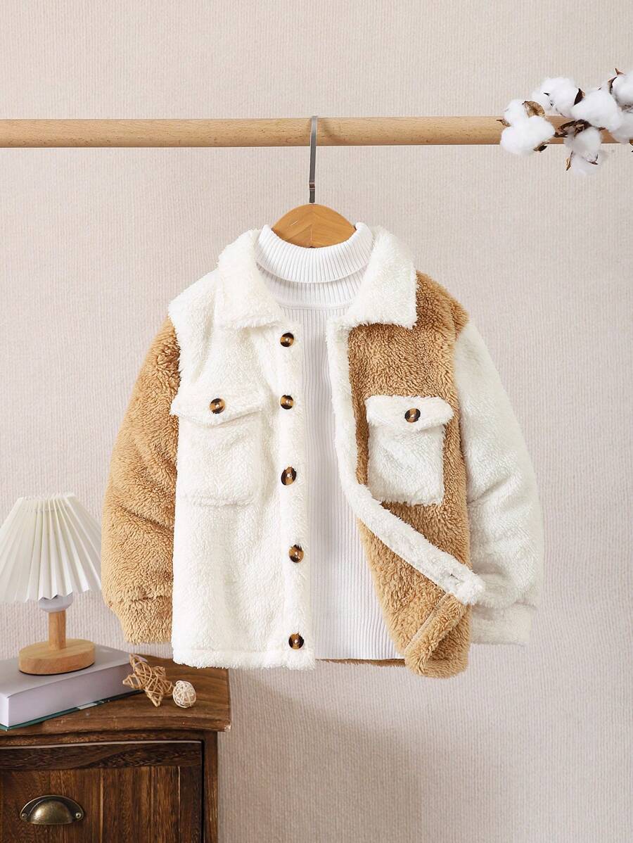 SHEIN 年轻男孩纯色拼布前扣长袖口袋简约夹克，休闲日常穿着 - 棕色 - 查看 1