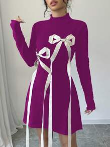 Elenzga Women's Elegant Bow Decor Waist Cinch Sweater Dress Fall Cloth For Women - Violet Purple - View 6