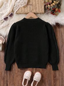 SHEIN Tween Girl 秋冬粗针织圆领灯笼袖毛衣、时尚优雅套头衫、经典百搭分层上衣 - 黑色 - 查看 2