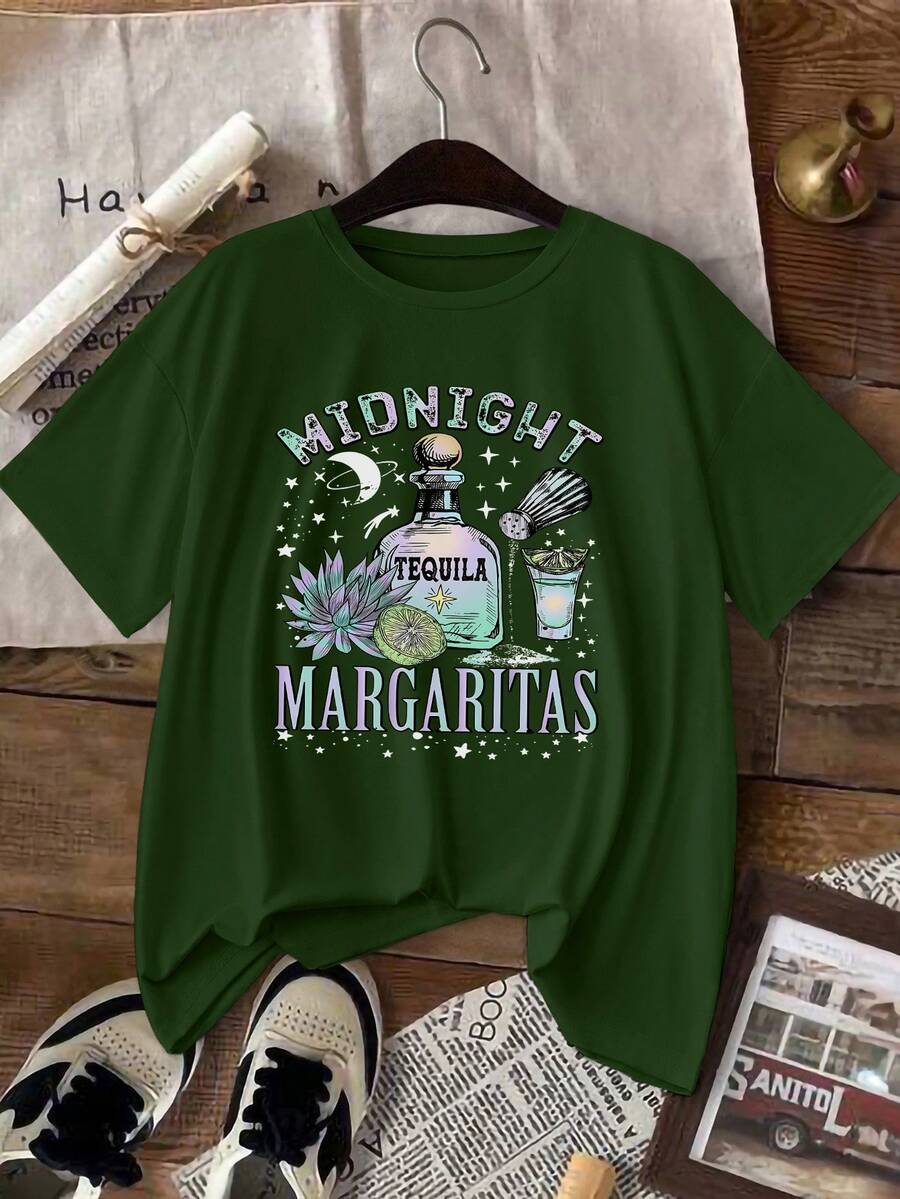 SHEIN EZwear Áo phông Halloween Margarita, Áo phông Halloween - xanh quân đội - Xem 1