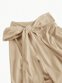 SHEIN MOD Stand Collar Bowknot Drawstring Smocked Apricot Elegant Sleeveless Top - Khaki - View 3