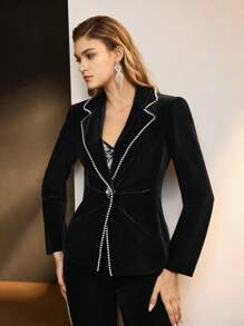 MOTF Soiréza VELVET LAPEL COLLAR FAUX PEARL TRIM RUCHED BLAZER - Black - View 3