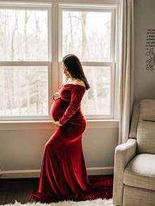 优雅丝绒V领长袖修身孕妇连衣裙，适合参加迎婴派对和拍照活动 - 酒紅色 - 查看 7