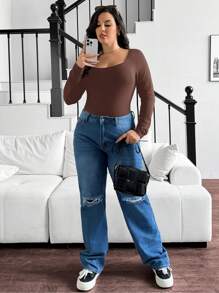 SHEIN Essnce Plus Size Long Sleeve Bodysuit For Women, Long Sleeve Bodysuit For Fall, Bodysuit For Women,Fall Clothes Women Tops Fall Women Shirts Fall Women Outfits Tops With Sleeves Long Sleeves Woman Long Sleeve Women Tops Long Sleeve Bodysuit
