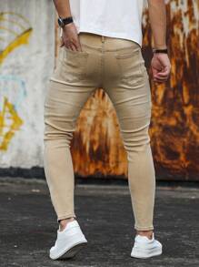 Manfinity LEGND 男士街头潮流纯色破洞紧身牛仔裤 - 卡其色 - 查看 2