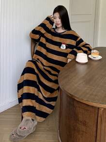 DAZY Thick Striped Flannel Nightgown With Cute Cartoon Pattern, Loose Fit For Winter Pajama,Thermal Lined - Coffee Brown - View 4