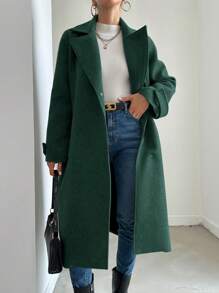 EURMUSE Solid Lapel Collar Slant Pocket Longline Overcoat - Dark Green - View 4