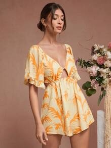 SHEIN Unity Bộ đồ liền thân hở lưng tay bèo nhún in hình lá cho kỳ nghỉ hè - Nhiều màu - Xem 3