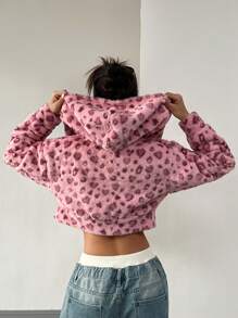 Muchica 1 Stück Damen Leoparden Muster Kapuzen Kurze Plüschjacke, Winter - Pink - Übersicht 2