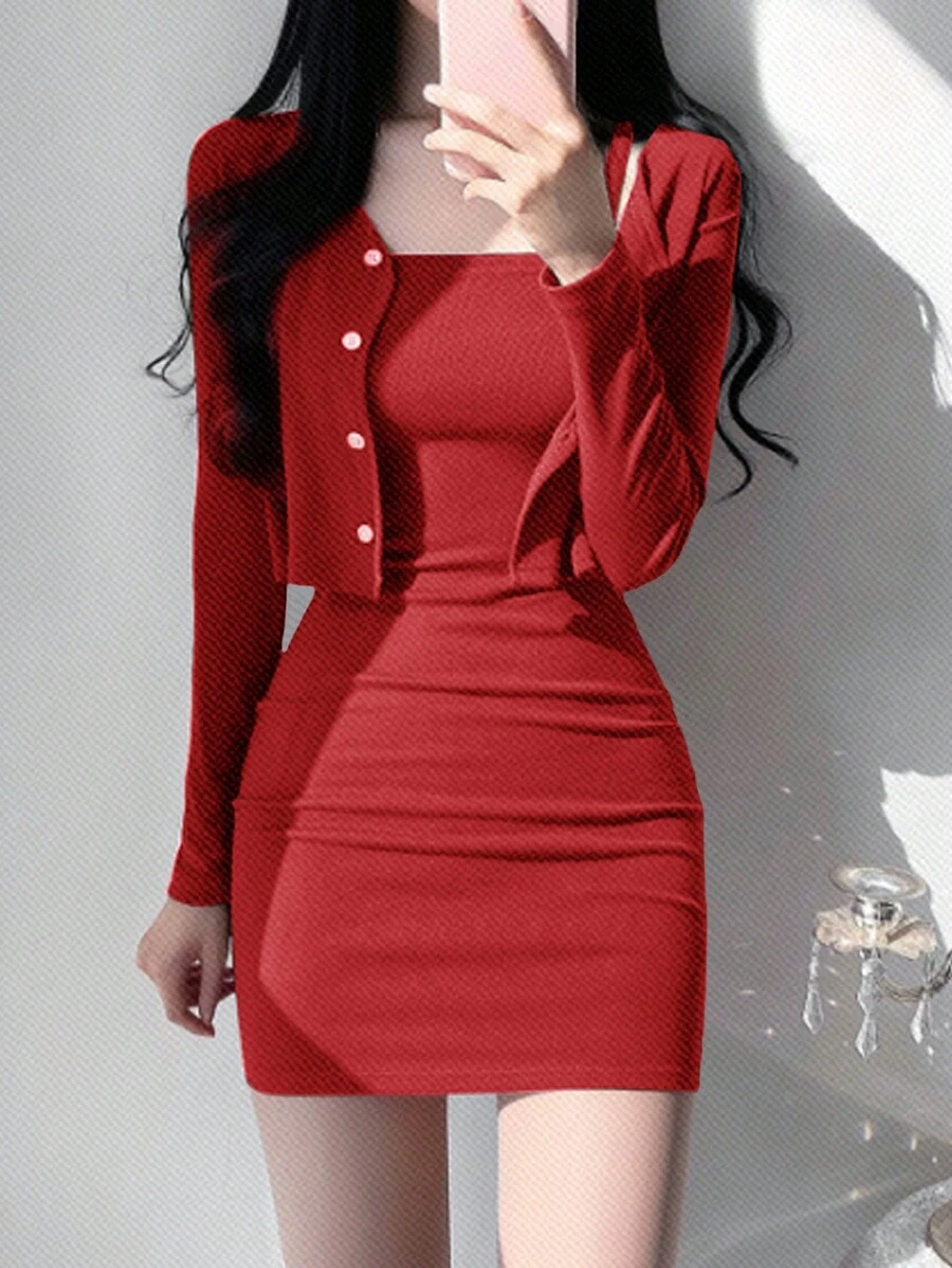 DAZY 2件套女士纯色长袖单排扣外套和吊带连衣裙，适合秋季、情人节、夏季和新年穿着 - 紅色 - 查看 1