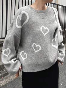 FRIFUL 1pc Women Heart Embroidery Contrast Color Loose Fit Sweater Fall,Winter