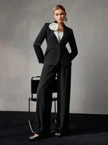 MOTF PREMIUM CONTRAST PIPING HIGH WAIST FOLD PLEATED WIDE LEG SUIT PANTS - Black and White - View 8