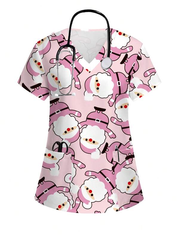 PopScrub Top de uniforme de enfermera con escote en V, estampado de Papá Noel en toda la prenda y bolsillo parche, de manga corta, para Navidad