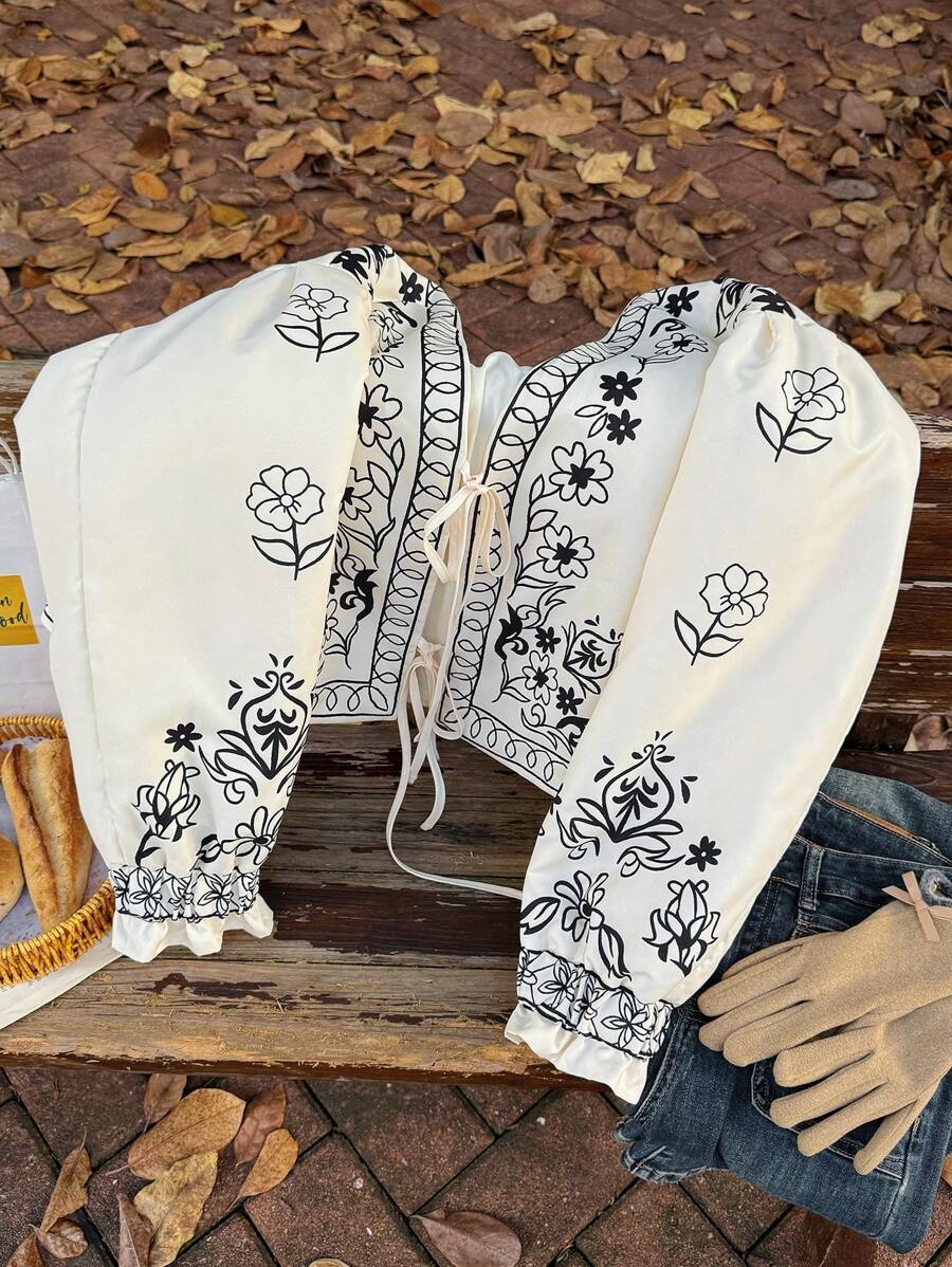 SHEIN Privé Plus Size Elegant White Winter Jacket,Retro College Paisley Pattern Color Block Long Sleeve Bowknot Short Loose Holiday Bachelorette Party,Hiking - Black and White - View 1