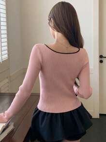 DAZY Women's Contrast Color Patchwork Bow Knitted Sweater, Suitable For Valentine's Day,Fall Clothes - Pink - View 5