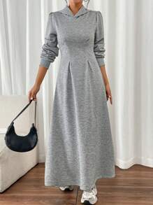 SHEIN LUNE Hooded Fashion Casual Long Sleeve A-Line Midi Sweatshirt Dress Pullover Fall Outfit