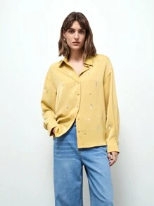 Maija 1 件女式黄色水钻缎面优雅水晶装饰前扣长袖衬衫，适合派对和聚会，秋冬季 - 黃色 - 查看 5