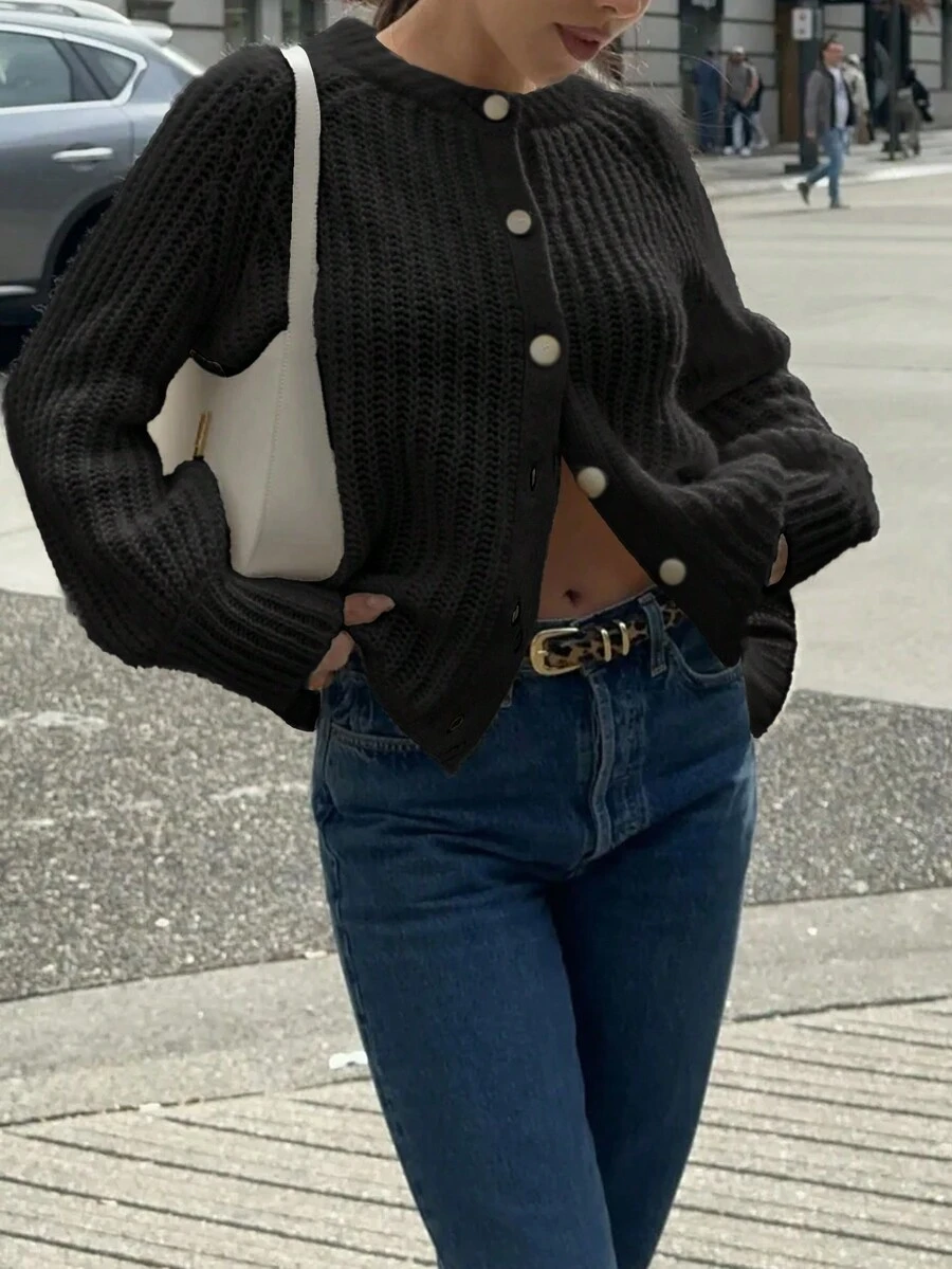 INAWLY 1 件女士休闲宽松单排扣长袖开衫，适合秋冬季 - 黑色 - 查看 1